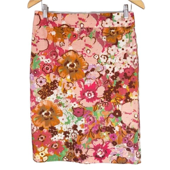 💐 J Crew Floral Skirt 4 Linen Texture Pink Brown White Spring Summer NICE! - Picture 3 of 8